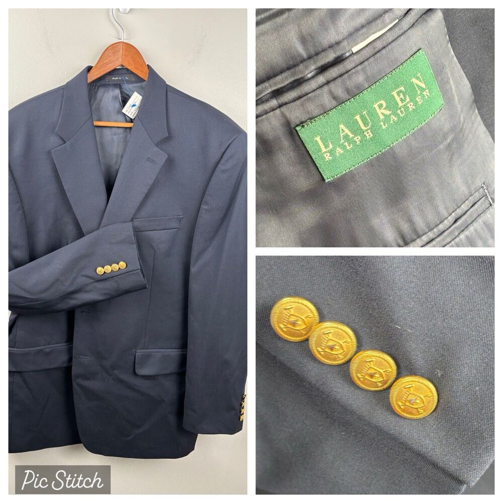 Lauren Ralph Lauren 46R Mens Blazer Navy Blue Wool Gold Button Jacket Sport Coat